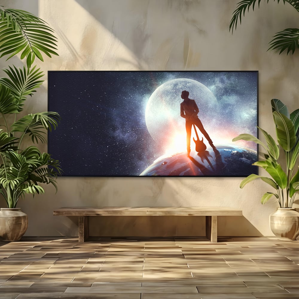 Tablou canvas cu ilustratie digitala cu un cantaret pe glob, in rama de aluminiu negru